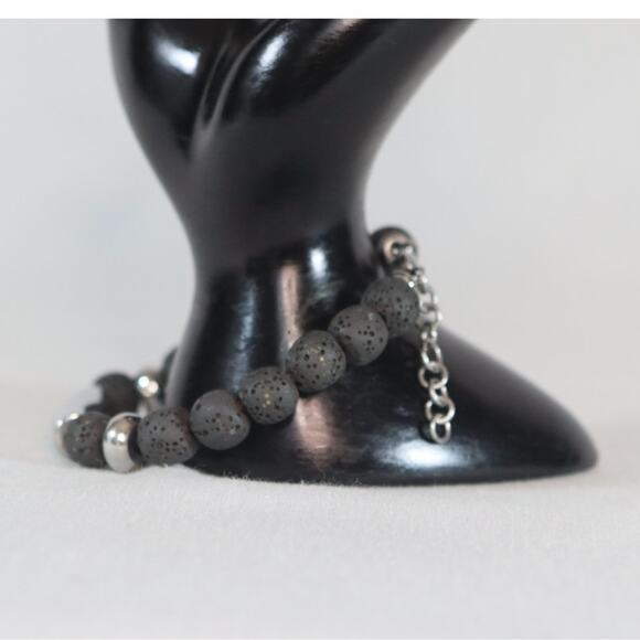 Bohemian Bracelet Silver Tone Chain Lava Stone Black Beads Lobster Claw Clasp - Picture 5 of 8